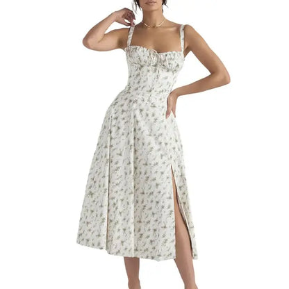 Comfortable Midi Dress for Women Sleeveless Party Dress Elegant Lace-Up Bandeau Dress with Corset Design Side Split Hem Women'S